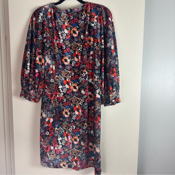 Sage Multicolored Velvet Floral Short Puffy Sleeve 3 Front Buttons Shift Dress S - Picture 5 of 16